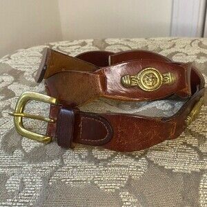 Vintage Distressed Leather Belt Brass Helm Concho Brown Unisex Size waist 34"